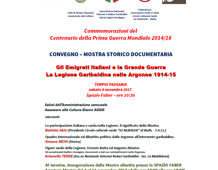 Convegno – mostra storico documentaria: Gli Emigrati italiani e la Grande Guerra. La Legione Garibaldina nelle Argonne 1914-15